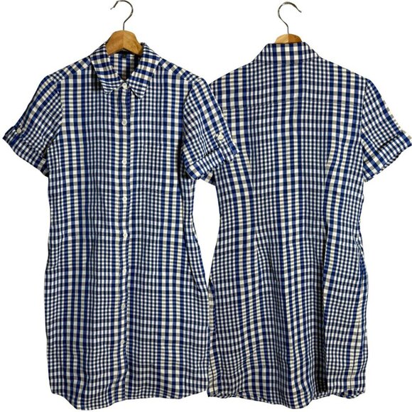 Theory Mayvine Dillon Plaid Linen Mini Shirt Dress Women 4 Blue White Preppy NWT - Picture 3 of 16